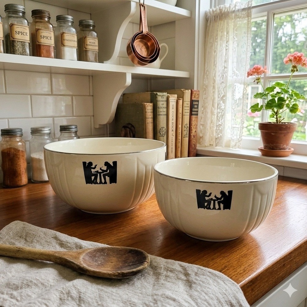 Vintage Halls Superior Kitchenware Silhouette Mixing Bowls Set 2 Silver Trim USA